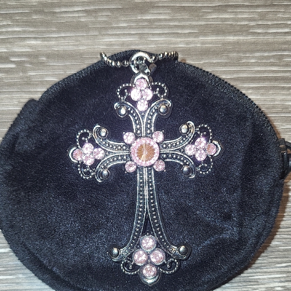 Pink Crystal Cross Pendant Necklace - Women Jewelry - Picture 2 of 5